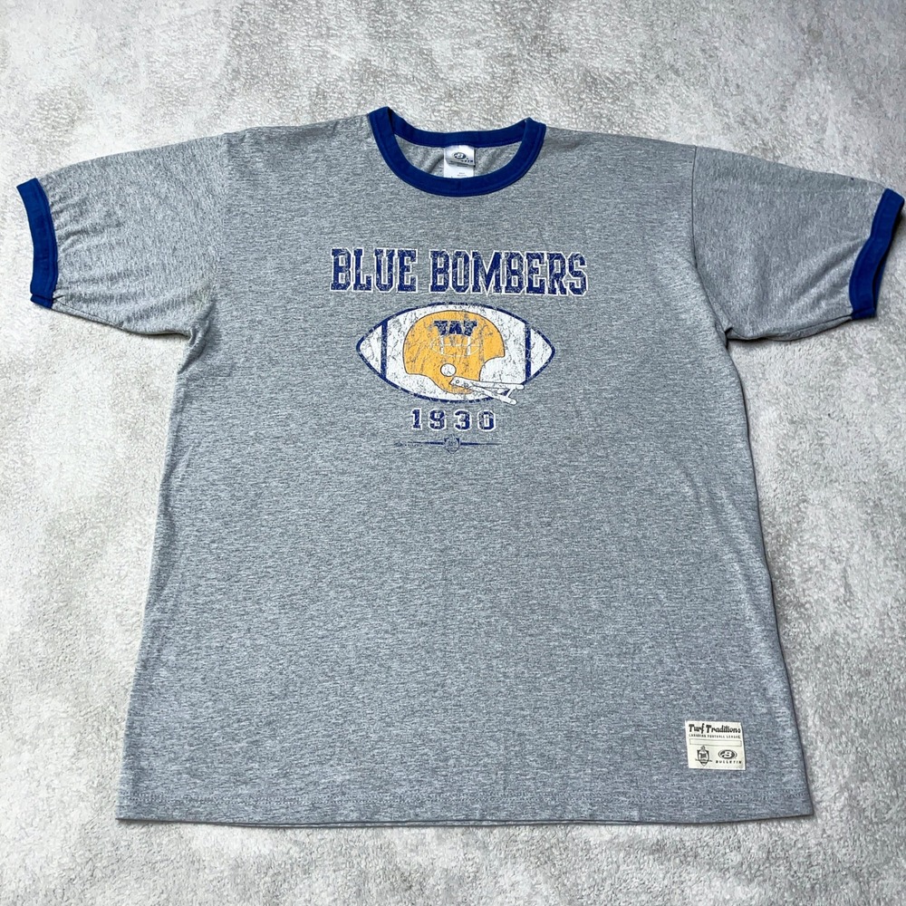 Vintage Winnipeg Blue Bombers Ringer T-Shirt CFL Gray Tee Made in Canada Mens L
